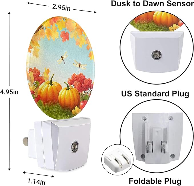 Autumn Night Light Thanksgiving Harvest Fall Maple Leaves Dragonfly Nightlights Auto On/Off Dusk to Dawn Plug-in Nightlights for Home Bedroom Living Room Bathroom