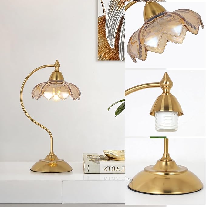 Table Lamps for Living Room, Flower Desk Lamp, Glass Beside Lamp for Nightstand, Gooseneck Small Table Lamp, Mid Century Modern Desk Light, Table Light for Bedroom Home Office Reading (Amber)
