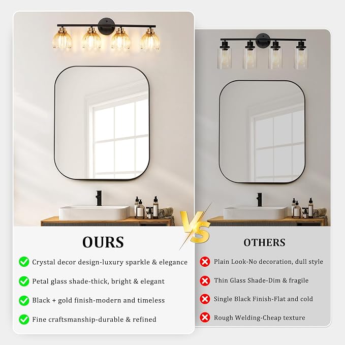 TALOYA Black Gold 4-Light Bathroom Vanity Light with Amber Tulip GlassShade | Modern Vanity Lighting Fixtures, Bathroom Lights Over Mirror, Wall Mount Mirror Light Fixtures for Bathroom Hallway Bedroom