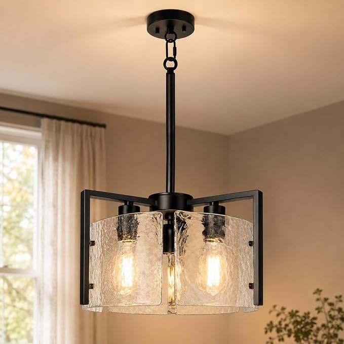 14.2 Inch Black Chandeliers for Dining Room, Adjustable Height | 3-Light Modern Entryway Light Fixture, Glass Pendant Lights for Kitchen Island Foyer Bedroom Bathroom