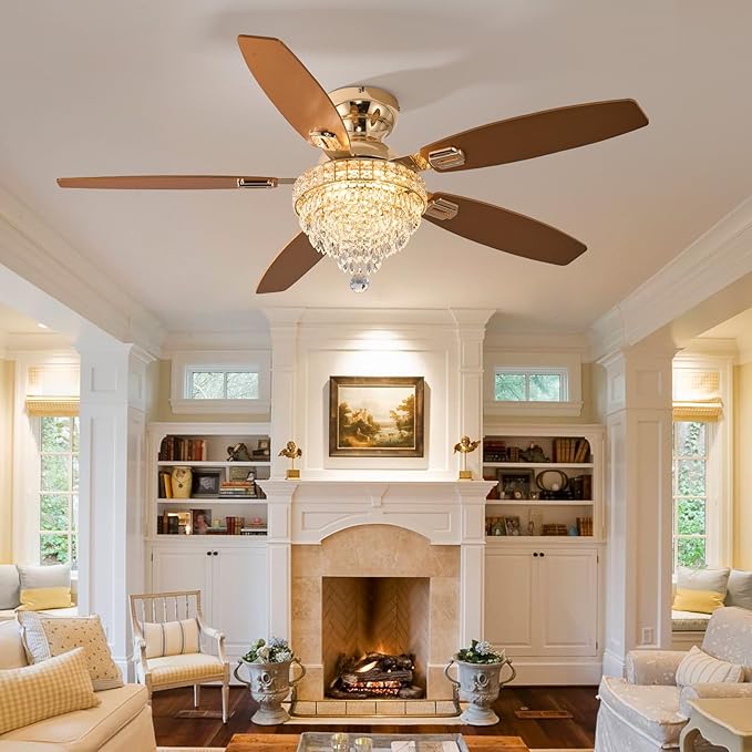 Crystal Ceiling Fan Fandelier with Lights-Ceiling Fans with Lights,54" Low Profile and Remote Control, Flush Mount, Reversible, Dimmable, Noiseless,Gold Ceiling Fan for Bedroom