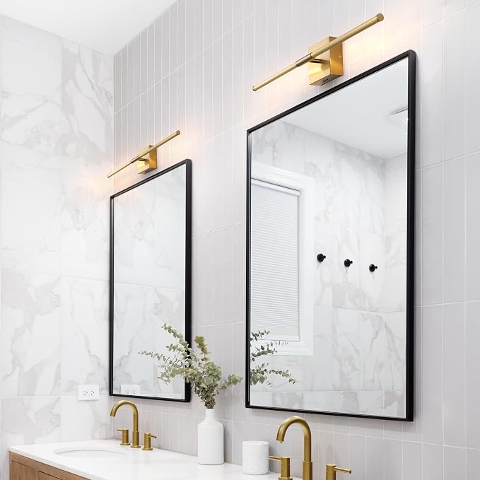 JONATHAN Y Makena 28" 1-Light LED Wall Sconce, Brass Gold, Set of 2 | Dimmable, Modern, Integrated 12W, Hardwired, Sleek Metal, Ambient, Bathroom Mirror, Bedroom, Hallway, Vanity Mount