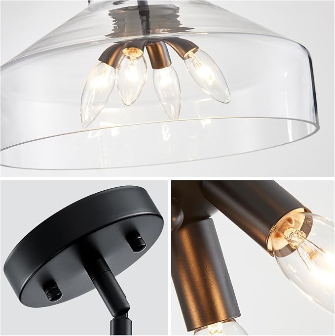 WUZUPS Chandelier Rustic Farmhouse Industrial Round Ceiling Pendant LED Light Fixture with Clear Glass Shades for Dining Room Kitchen Island Foyer Entryway, H 11.8" W 15", E26 Base, Brushed Nickel