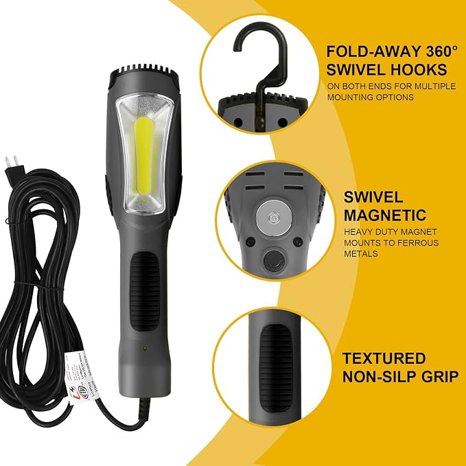 LED Work Light (25FT), 1600LM COB LED Trouble Light with Cord 16 Gauge SJTW, Swivel Hook, Strong Magnet, ETL Listed, Suitable for Mechanic Garage, Workshop, Car Repair (Gray)
