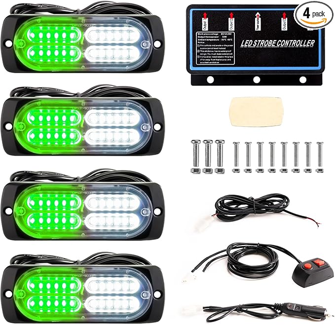 BooYu 4-pcs Sync Feature LED Emergency Strobe Lights Ultra Slim Grille Surface Mount Flashing Warning Hazard Light Bar w/Controller for Police, Firefighter, Trucks, Vehicles, Car (White/Green)
