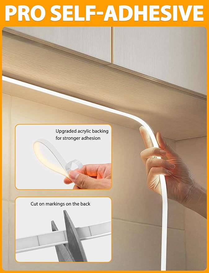 Lamomo COB LED Strip Lights 32.8Ft, Natural White Dimmable Self-Adhesive Led Rope Light with Remote, Flexible Cuttable Waterproof 3000K Silicone Neon Tape Light for Bedroom, Cabinet, 10mm Width
