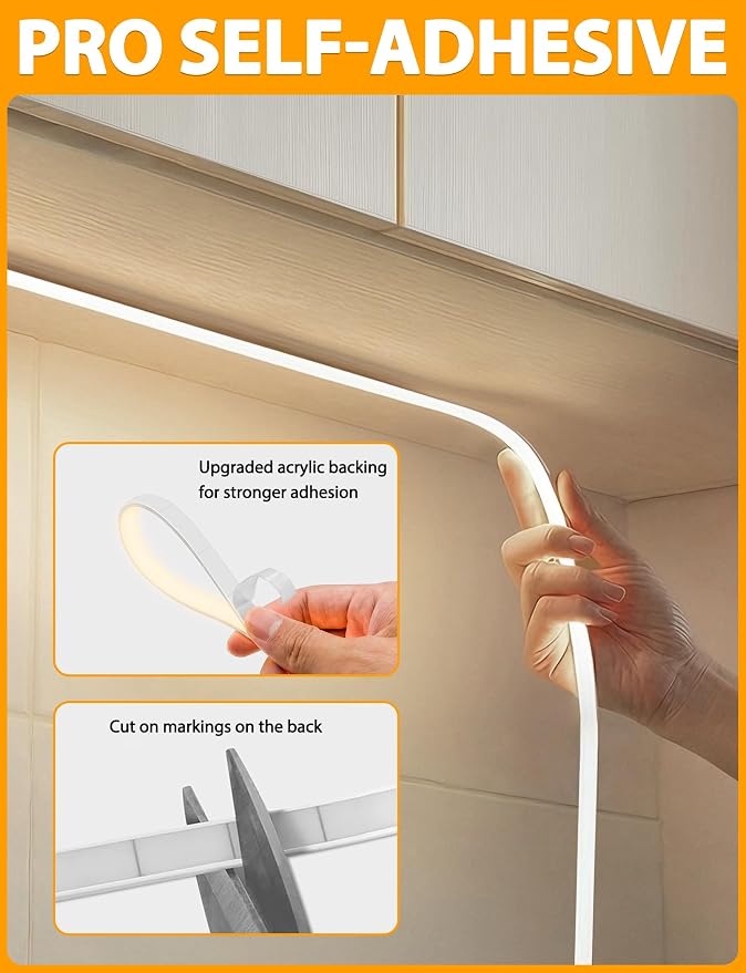 Lamomo COB LED Strip Lights 6.56Ft, Natural White Dimmable Self-Adhesive Led Rope Light with Remote, Flexible Cuttable Waterproof 3000K Silicone Neon Tape Light for Bedroom, Cabinet, 10mm Width