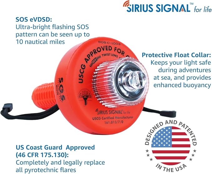 Sirius Signal C-1003 SOS LED Distress Signal - USCG Approved | Electronic Boat Flare Replacement, Bright White Light, Includes Daytime Flag & Whistle