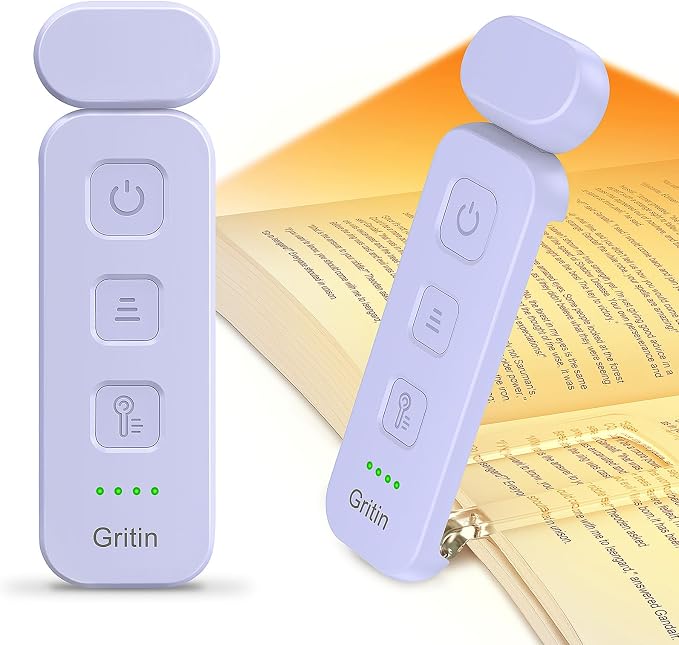 Gritin Reading Light, Rechargeable Book Light for Reading in Bed | Eye Caring 3 Color Temperatures, 5-Level Dimmable Brightness,Long Lasting,Compact Size Clip on Book Lamp for Bookworms-Purple