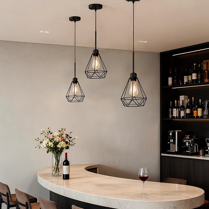 Maliralt Pendant Light Hanging Lights Fixture - Black Industrial Hanging Lamps with Metal Diamond Shade for Kitchen Island, Dining Room Over Table, Breakfast Corner, Farmhouse Home Decor - 2 Pack