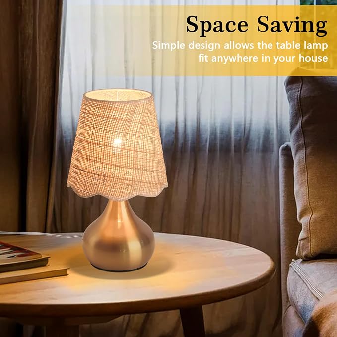 Gold Small Bedside Table Lamp for Bedroom, Brass Gold Mini Table Lamps for Nightstand, Rattan Shade Table Lamps for Small Spaces for Kitchen Counter, Bookshelf, Bedroom, Living Room, Kids Dorm