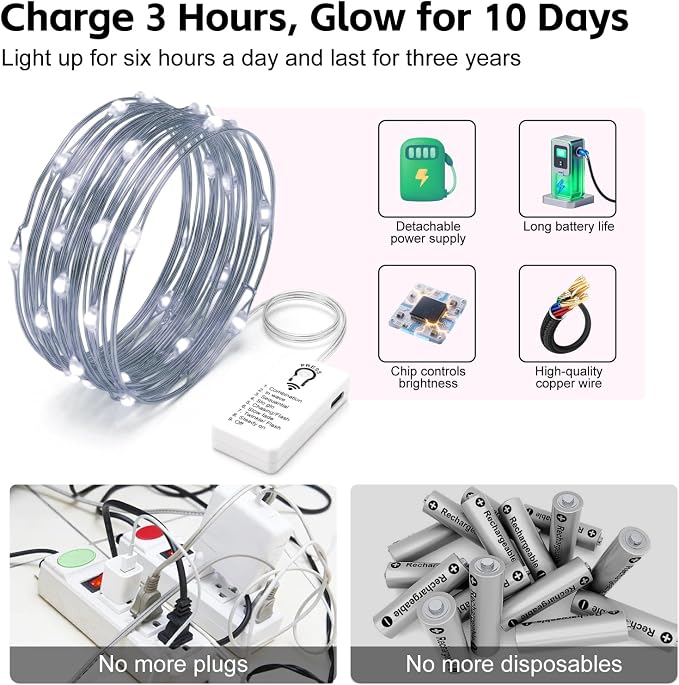 8 Pack Rechargeable LED Fairy Lights 7Ft 20LED Battery Operated | 8 Modes, Remote & DIY Timer Mini Twinkle String Lights for Indoor Christmas Wedding Mason Jar Bedroom Table