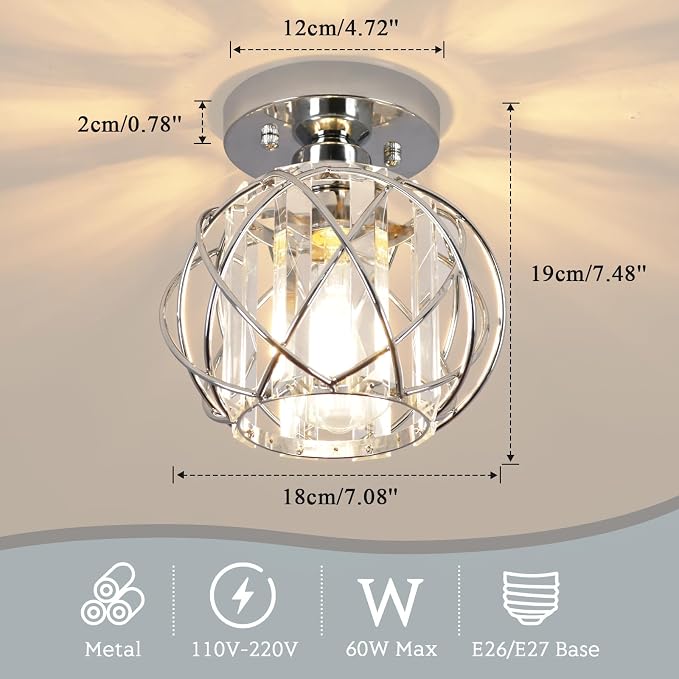 Hallway Light Fixtures Ceiling,Modern Chrome Crystal Ceiling Lights Fixture, Semi Flush Mount E26 Small Hallway Lighting Fixtures Ceiling Light for Porch Entryway Foyer Bathroom