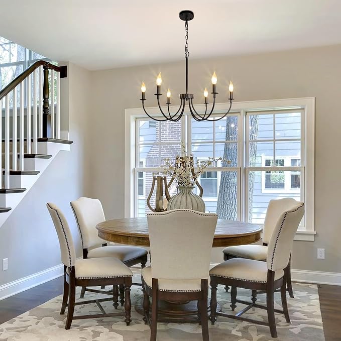 6-Light Farmhouse Chandelier, Black Chandeliers for Dining Room Lighting Fixtures Hanging, Classic Candle Ceiling Modern Chandeliers for Living Room, Foyer, Kitchen Island