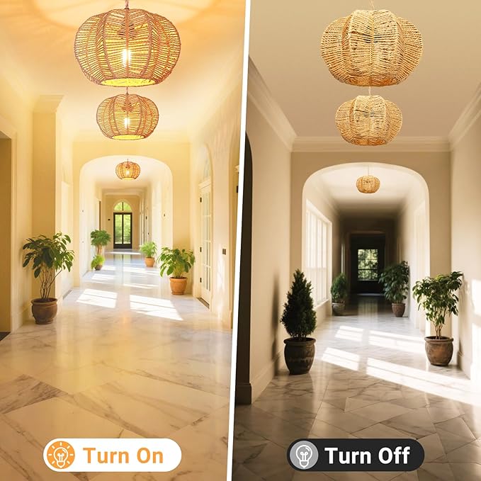 Hanging Light Fixture with Plug in Cord with on Off Switch, Rattan Pendant Lights Boho Lamp Ceiling Light, Plug in Pendant Light Hanging Lamp Shades for Living Room Decor Bedroom Kitchen