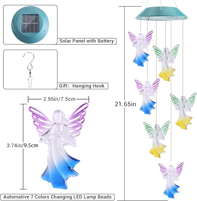 Toodour Solar Wind Chimes, Color Changing Angel Wind Chimes | LED Decorative Mobile, Gifts for Mom Grandma, Waterproof Outdoor Decorative Lights for Garden Patio Yard Window Outdoor Decor