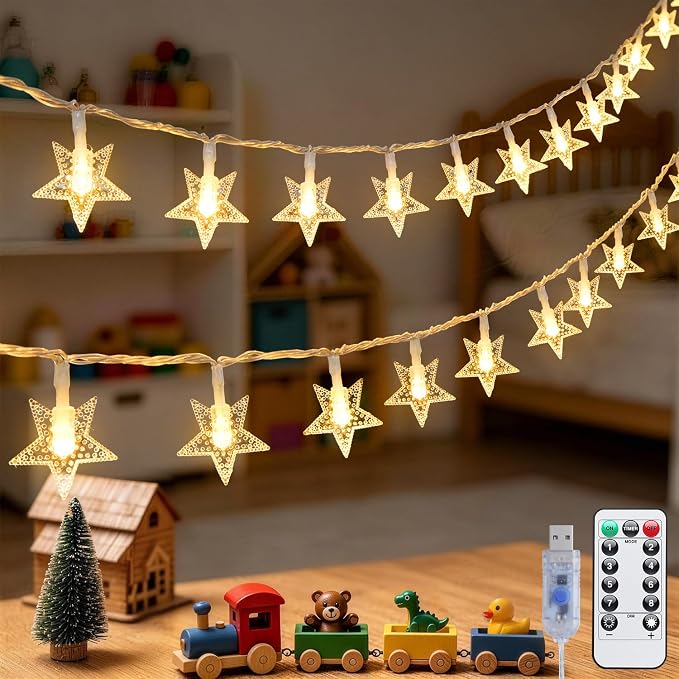 JMEXSUSS 50 LED 16.4Ft USB Star String Lights for Bedroom | Star Fairy String Lights, Remote Control, Waterproof, Indoor Use, Tent Loft Bed Classroom Dorm Decor, Warm White