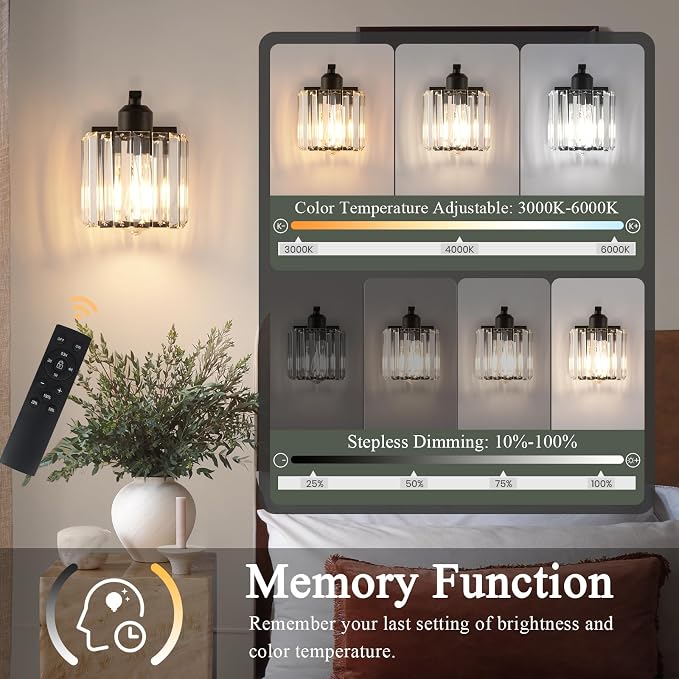 BELS 8 Inch Battery Operated Wall Sconces Set of 2, Farmhouse Black Wall Lights Fixture with Crystal Shade, 3 Colors Temperature, Remote Control, Dimmable, Wall Sconces for Mirror, Bathroom, Bedroom