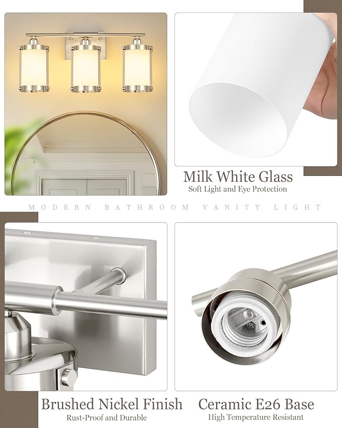 3-Light Brushed Nickel Bathroom Light Fixtures with Milk Frosted Glass, 21" Modern Bathroom Vanity Lighting Fixtures Over Mirror with Metal Cage, Wall Sconce Lights for Bath, E26, OS-3014BNW-3W