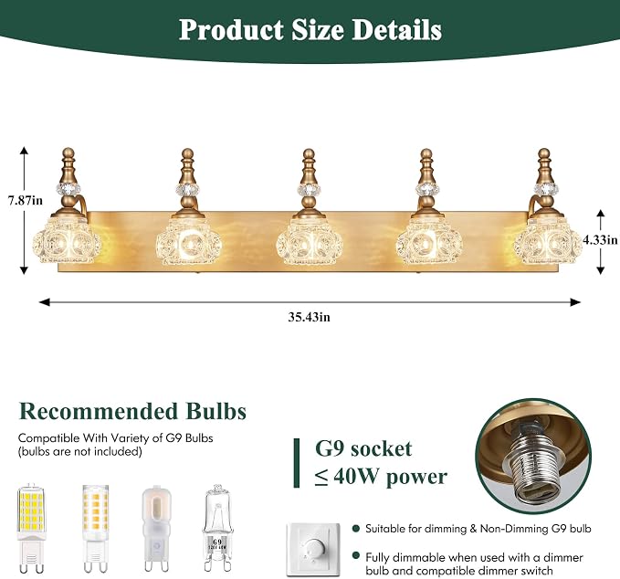 Modern Glass Crystal Vanity Light - Vintage Bathroom Lighting Fixtures Over Mirror, 5 Light Vanity Lights G9 Bulb (35.43 Inch,Brass)