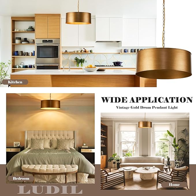 21" Vintage Metal Drum Chandelier, 4-Light E26 Industrial Adjustable Chain Hanging Pendant Light Fixtures for Foyer Entryway Kitchen Bedroom, Golden Bronze Finish