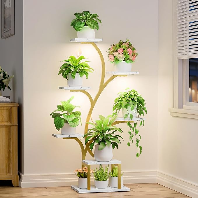BACEKOLL Plant Stand Indoor with Grow Light, 7 Tier 49" Lighted Plant Shelf | Tree-Shaped Tall Holder with Full Spectrum Light for Indoor Growing, Sturdy Metal, for Home Corner, Space-Saving, Faux Marble
