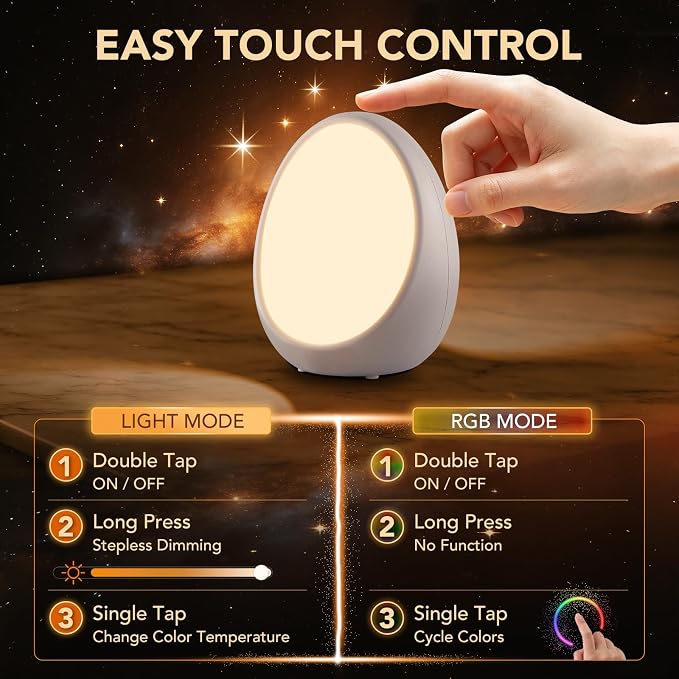 Egg Light for Kids Nursery, Rechargeable Baby Night Light with No Flashing Blue Indicator, 1800mAh Battery, Battery-Saving Bypass Power, Touch Control, RGB Light, Timer & Memory