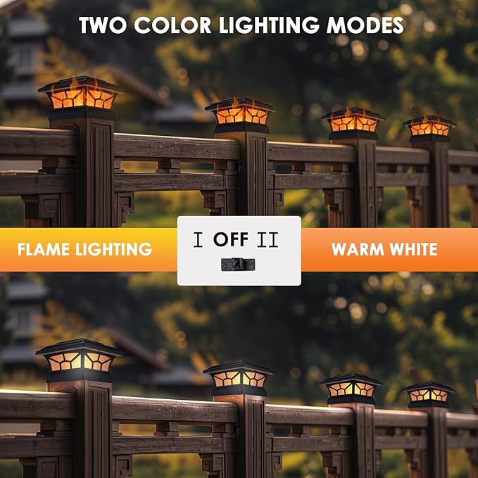 2 Pack Solar Post Cap Lights Outdoor Flickering Flame & Warm White, Fits 4x4 5x5 6x6 Wooden or Vinyl Posts, Waterproof Solar Fence Deck Lights for Yard Garden Patio Decoration.