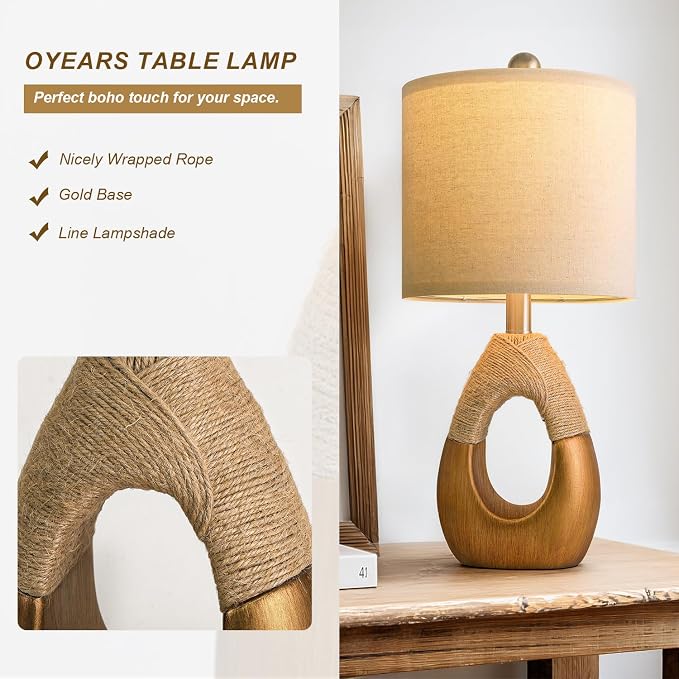 19" Table Lamps Set of 2, Boho Lamps for Living Room, Rustic Bedside Lamps for Bedroom, Farmhouse Rattan Table Lamp, Small Space Nightstand Lamp for Home Office (Bulb Not Included, Gold)