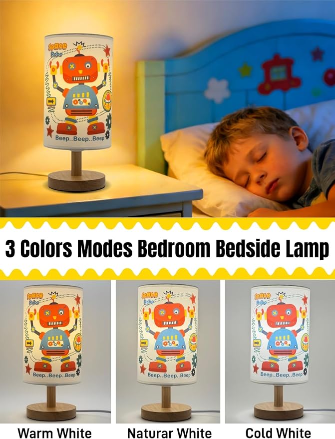 Robot Kids Table Lamp for Bedroom Boys Bedside Lamps,3 Color Dimmable Nightstand Night Light with Cartoon Robot Lampshade and Wood Bas for Bedroom Living Kid Room Study for Practical Gift for Boys