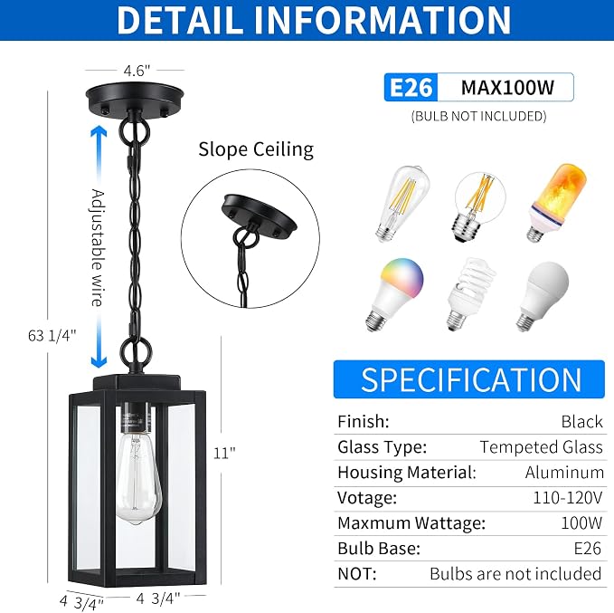 11'' Outdoor Pendant Lights for Porch, Outside Chandelier Hanging Lantern | 1 Pack Black Outdoor Ceiling Light with Clear Glass, Modern Exterior Pendant Lighting Fixture for Porch, Yard (No Sensor)