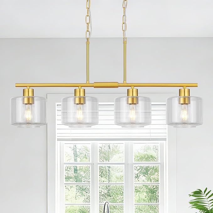4-Light Brushed Gold Kitchen Island Lighting, Modern Linear Dining Room Chandelier Light Fixtures with Clear Glass and Chain, Mid Century Hanging Lights for Kitchen Island, OS-YQ8153-4ISBGC