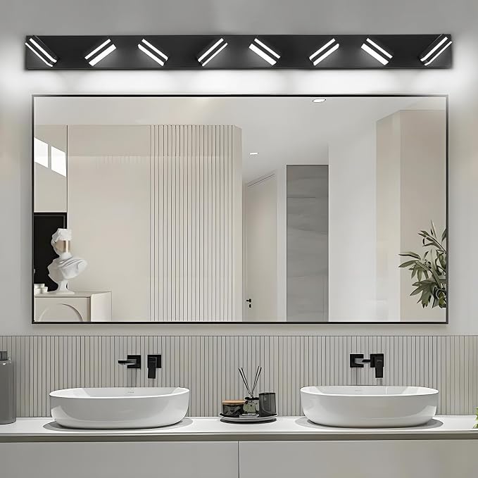 IZORRO LED Modern Bathroom Lights Fixtures(8-Light,Dimmable,360°Rotate),Matte Black Acrylic Wall Lighting,Vanity Lights for Bathroom Over Mirror - 6000k 48In （No Assembly Required）