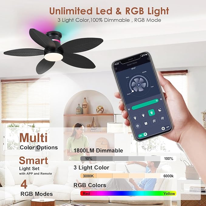 Tropical Palm Leaf RGB Ceiling Fans with Lights 46”, Black Flush Mount Ceiling Fan with Light and Remote, 3CCT Dimmable LED&&Side RGB Light, Reversible 6 Speeds, Quite Low Profile Ceiling Fan Party
