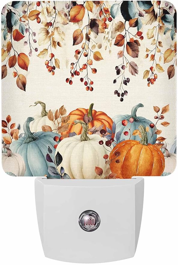 Fall Night Lights Plug into Wall LED Night Light Thanksgiving Watercolor Pumpkin Leaf Vintage Automatic Dimmable Dusk-to-Dawn Square Shaped Smart Nightlight for Bathroom/Bedroom