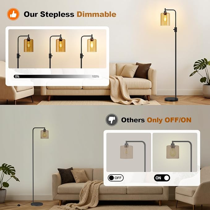 【Upgraded】 Dimmable Floor Lamp for Living Room with Amber Glass Lampshade, Black Modern Glass Floor Lamp with 900LM LED Bulb Included, Arc Standing Tall Lamp for Bedroom, Office, Reading Room, Corner