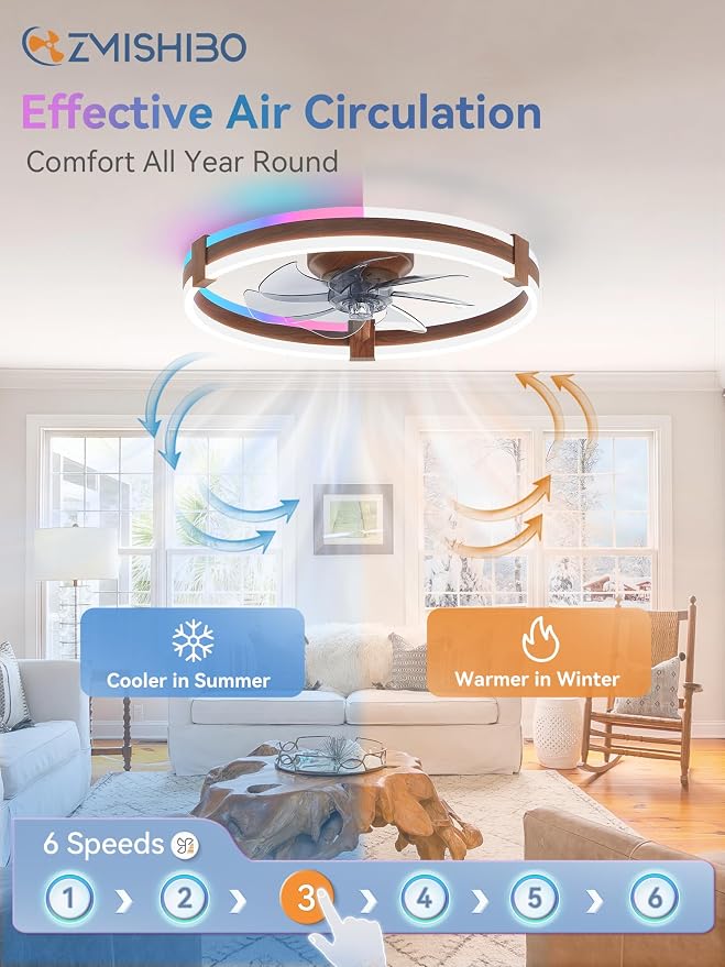ZMISHIBO 20" RGB Low Profile Ceiling Fans with Lights and Remote, Walnut | Custom RGB+3CCT Dimmable, 6 Speeds, Remote/App Control, Reversible DC Motor, Memory, Timer, Modern Fandelier for Kids/Bedroom