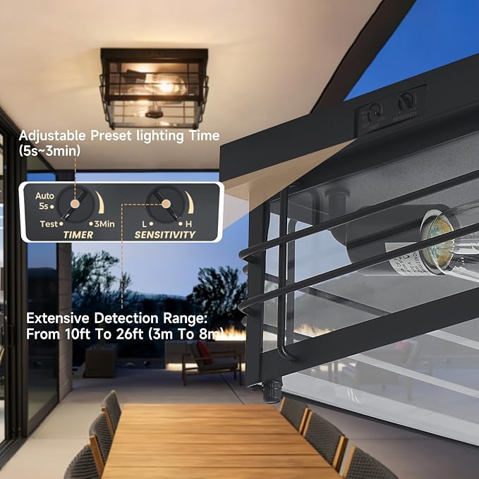 Yisuro Outdoor Ceiling Light with Motion Sensor, Dusk to Dawn Flush Mount Ceiling Light, Adjustable Timer & Sensitivity, Exterior Porch Light Fixture for Front Door, Patio, Garage, Square, Black
