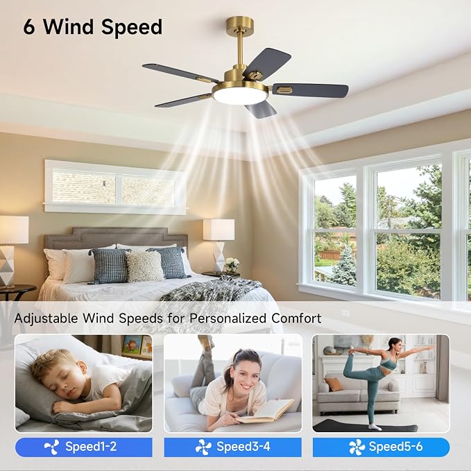 44 Inch Ceiling Fans with Lights and Remote for Bedroom Living Room Kitchen Office, Indoor/Outdoor Use, 5CCT Dimmable, Dual Color 5 Blades, 6 Speed Reversible Quiet DC Motor, Gold/Wood Grain