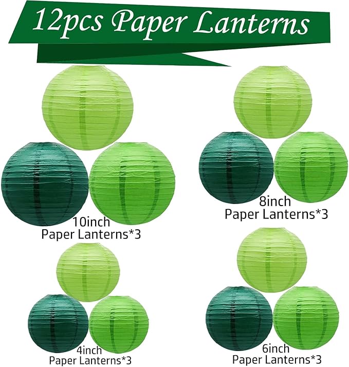 Green Paper Lanterns 12Pcs Hanging Lanterns for Birthday Party, Wedding, Home Decor, Baby Shower Festive Decoration