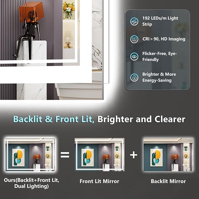 48x32 LED Bathroom Mirror, Backlit & Front Lit Lighted Mirror | Anti-Fog Vanity Mirror with Lights, 3 Color Dimmable, Memory, HD Tempered Glass, CRI95, IP54, UL Listed, Horizontal/Vertical