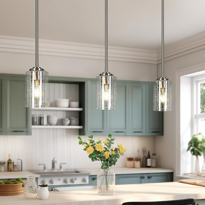 KSANA Pendant Lights Kitchen Island, 3.9'' Mini Modern Satin Nickel 1-Pack Pendant Hanging Lights Fixture with Seeded Glass Shade for Kitchen Sink, Foyer, Hallway, Bedroom Nooks and Powder Rooms