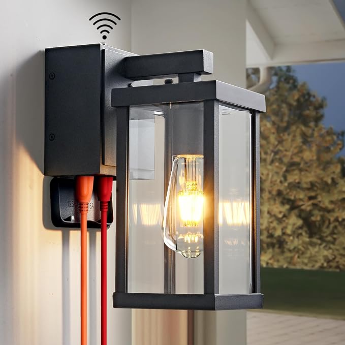 Porch Lights with GFCI Outlets Dusk to Dawn Outdoor Wall Lights Waterproof Exterior Lighting Fixtures Modern Outside Lights Wall Mount for House Patio Garage,Black,11.8''H,1PC