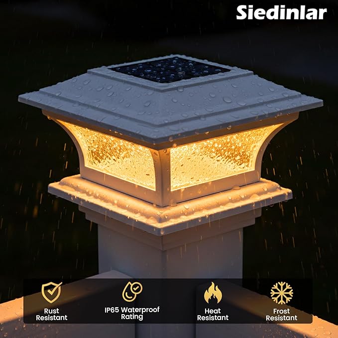 SIEDiNLAR Solar Post Lights Outdoor Glass LED Fence Cap Light 2 Modes for 4x4 5x5 6x6 Posts Patio Deck Garden Decoration Warm White/Cool White Lighting White (2 Pack)