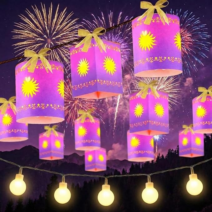 20 Pack Princess Sun Hanging Lanterns with LED Light Purple Princess Hanging Paper Lanterns DIY Set Sun Cutout Square Round Decorations for Photo Props Birthday Party(Purple)