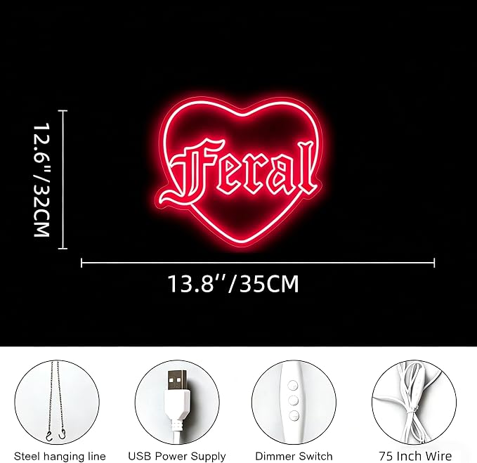 Feral Heart Neon Sign Red LED Neon Light for Wall Decor USB Powered Gothic Neon Sign for Bedroom Bar Party Tattoo Studio Bachelorette Trendy Wall Art Halloween Decoration Goth Lover Gifts