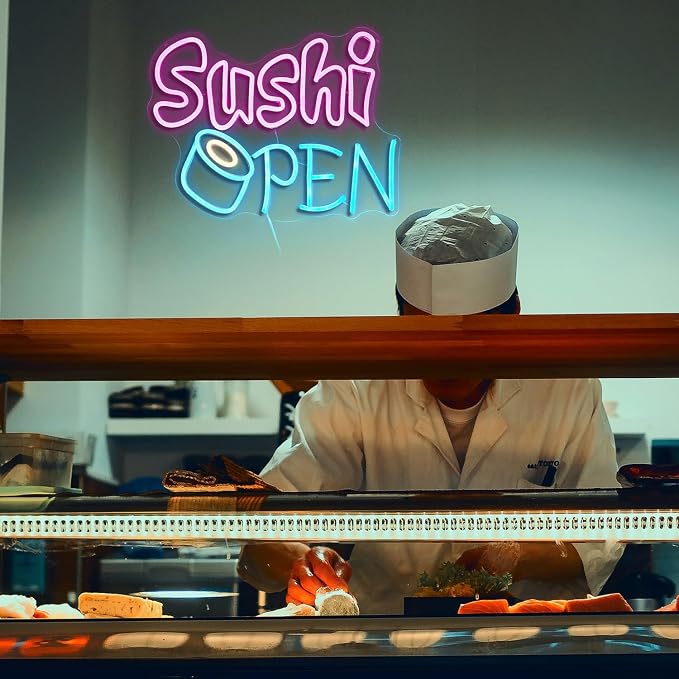 Sushi Open Neon Sign for Wall Decor - Dimmable LED Open Sign for Business - USB Powered Light for Sushi Shop, Restaurant, Kitchen, Home Decor