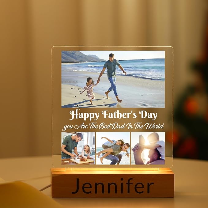 WSYEAR Customized Fathers Day Birthday Gifts for Dad from Wife Daughter Custom Dad Gifts from Son Kids Personalized Acrylic Plaque Printed with Photos LED Night Light Gifts for Papa Daddy