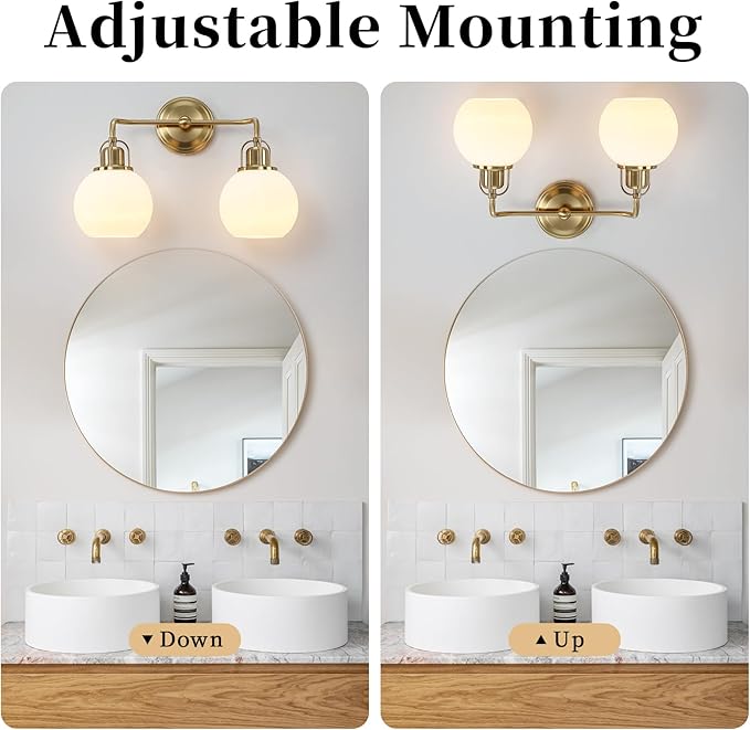 16" Bathroom Vanity Light, 2-Light Brushed Gold Vanity Lighting Fixture Over Mirror,Modern Wall Mount with Milk White Globe Glass Shade .16" L x 6.75" W x 10.5" H .BD045-2-G