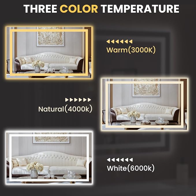 LOAAO 62"X36" LED Bathroom Mirror with Lights | Anti-Fog, Dimmable, 3 Color Temperature, Backlit + Front Lit, Memory Function, Tempered Glass, UL Listed